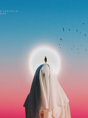 Abstract picture of a ghostlike figure with a small person on his head