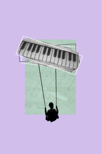 Abstract picture of a person swinging from a piano